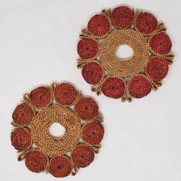 2 VTG Trivets Woven Rattan Straw Décor Groovy Raffia Hot Pads Round Boho Hippie - Picture 1 of 11